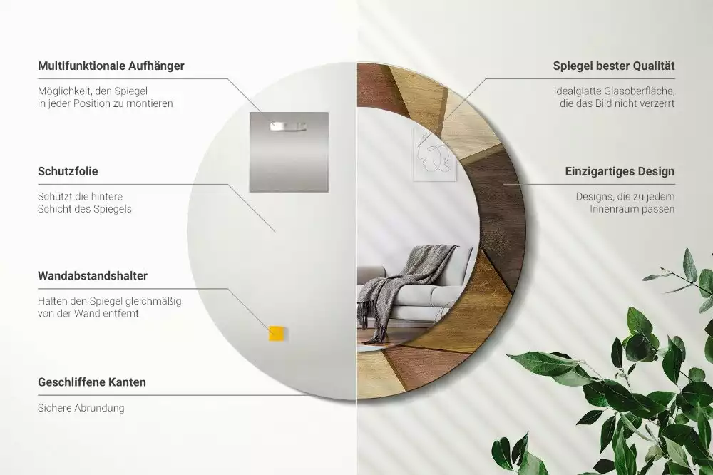 Lustro ścienne dekoracyjne w kształcie okręgu z geometrycznym motywem i ramą z drewna 3D