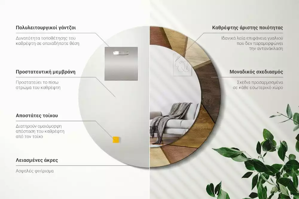 Lustro ścienne dekoracyjne w kształcie okręgu z geometrycznym motywem i ramą z drewna 3D