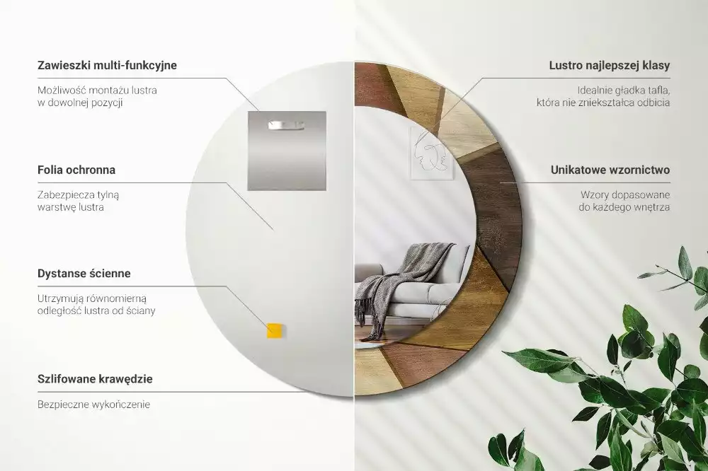 Lustro ścienne dekoracyjne w kształcie okręgu z geometrycznym motywem i ramą z drewna 3D