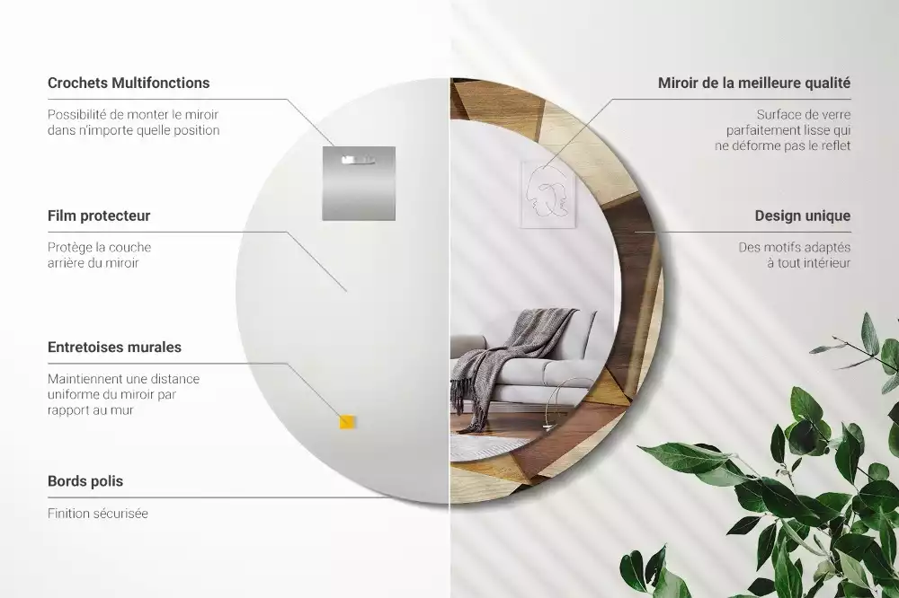 Lustro ścienne dekoracyjne w kształcie okręgu z geometrycznym motywem i ramą z drewna 3D