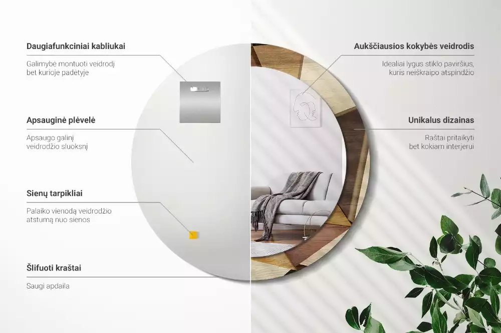 Lustro ścienne dekoracyjne w kształcie okręgu z geometrycznym motywem i ramą z drewna 3D