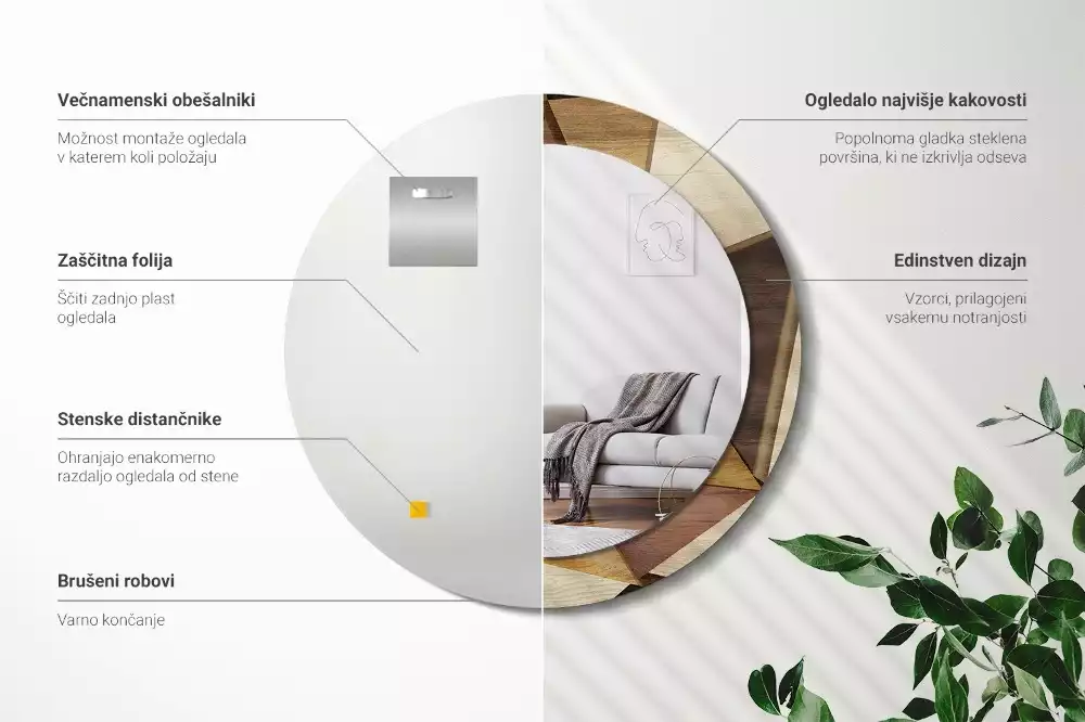 Lustro ścienne dekoracyjne w kształcie okręgu z geometrycznym motywem i ramą z drewna 3D