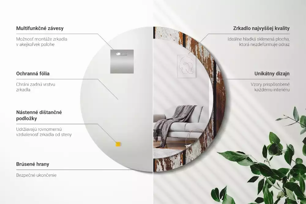 Lustro ramka z nadrukiem okrągłe Ciemne drewno vintage