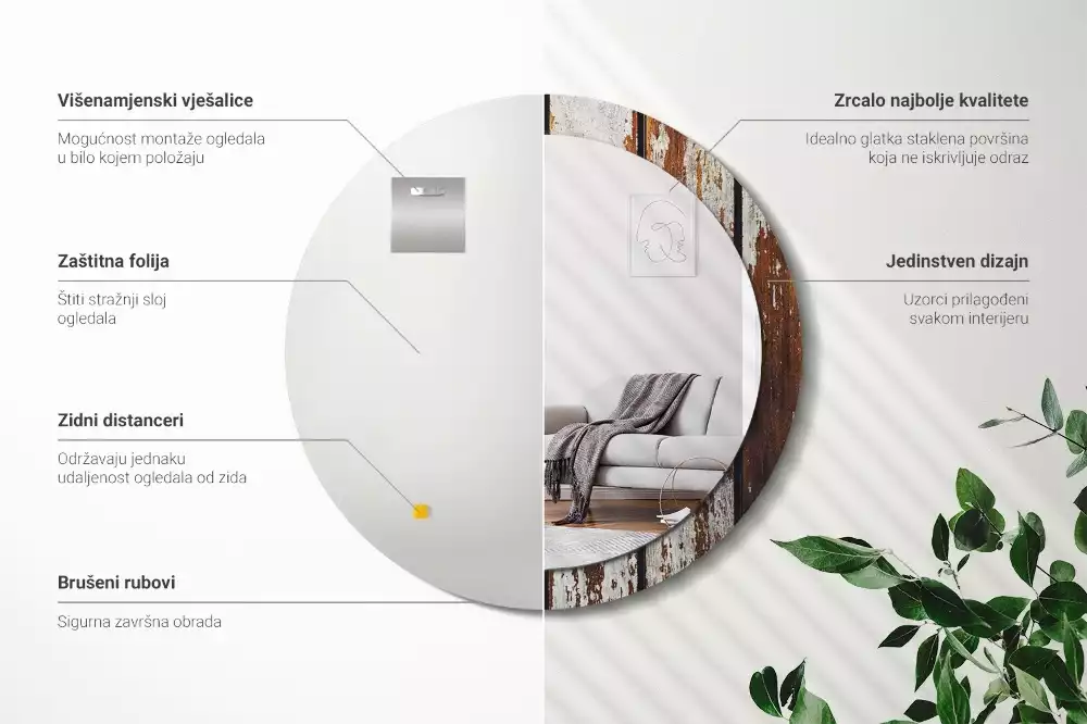 Lustro ramka z nadrukiem okrągłe Ciemne drewno vintage