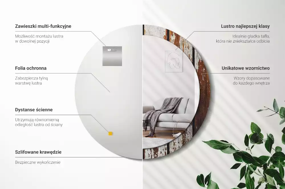 Lustro ramka z nadrukiem okrągłe Ciemne drewno vintage