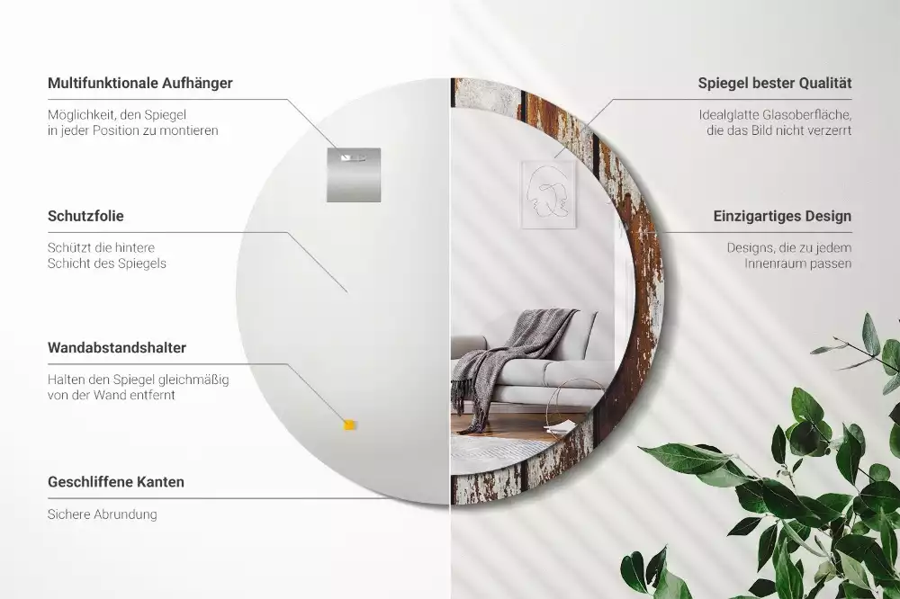 Lustro ramka z nadrukiem okrągłe Ciemne drewno vintage