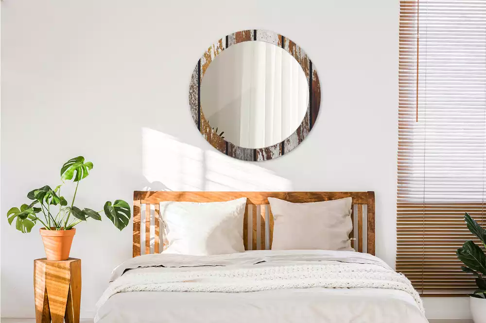 Lustro ramka z nadrukiem okrągłe Ciemne drewno vintage