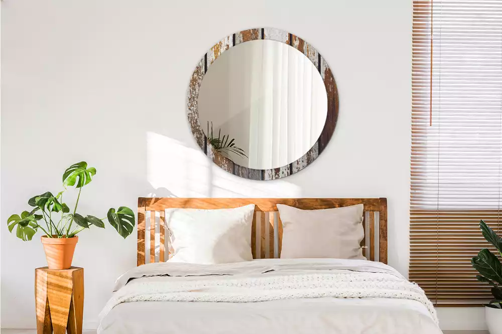 Lustro ramka z nadrukiem okrągłe Ciemne drewno vintage