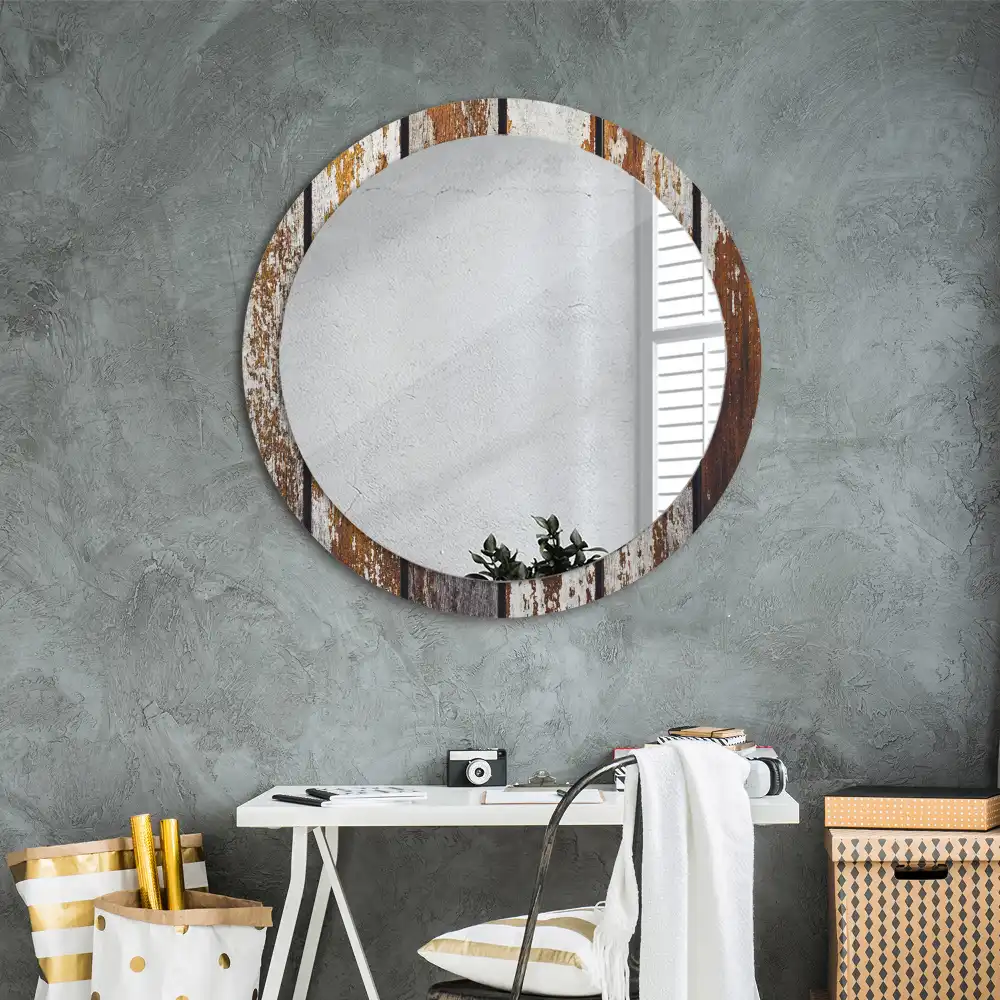 Lustro w ramie z nadrukiem w stylu vintage o okrągłym kształcie w kolorze ciemnego drewna