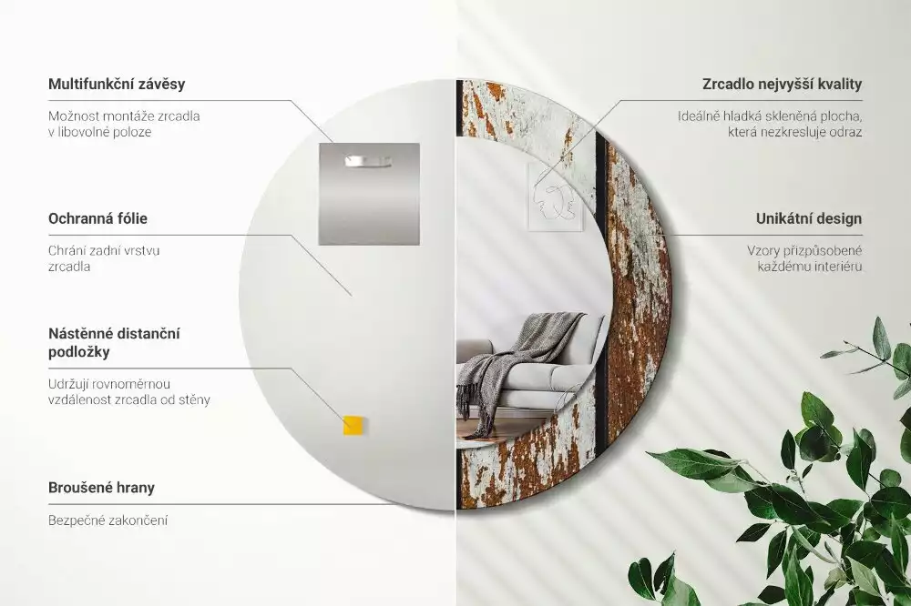 Lustro ramka z nadrukiem okrągłe Ciemne drewno vintage