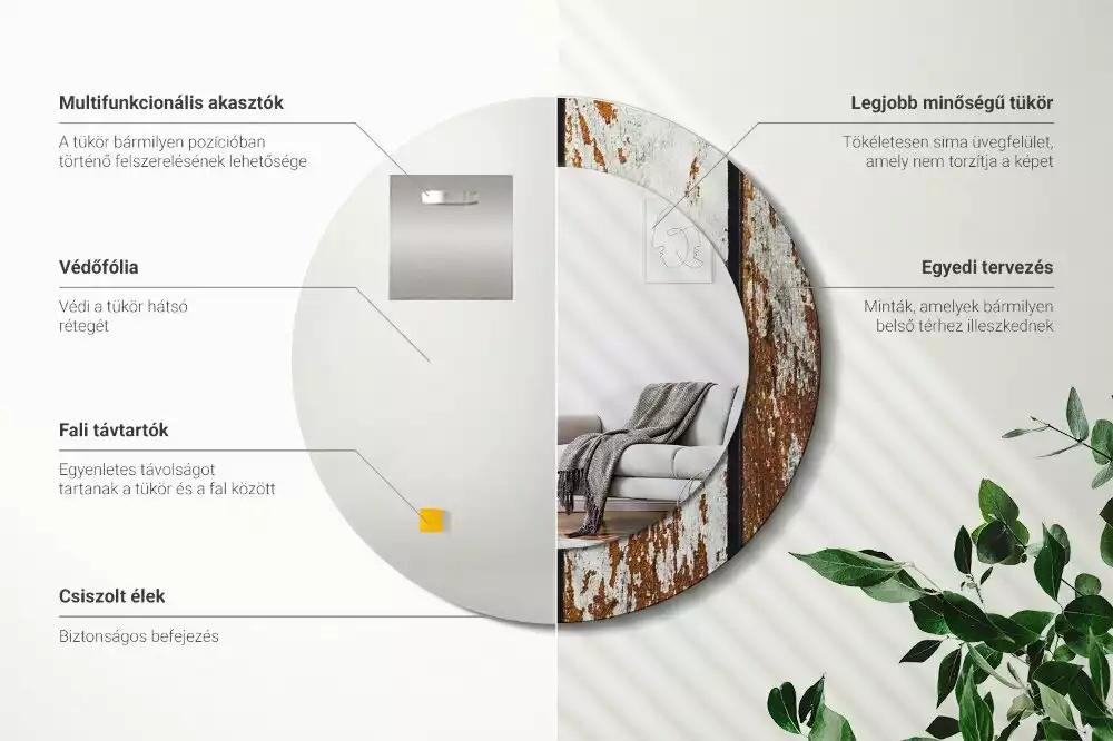 Lustro ramka z nadrukiem okrągłe Ciemne drewno vintage