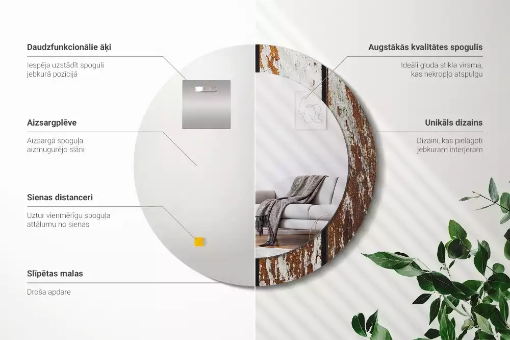 Lustro ramka z nadrukiem okrągłe Ciemne drewno vintage