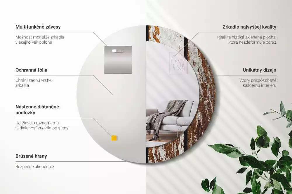 Lustro ramka z nadrukiem okrągłe Ciemne drewno vintage