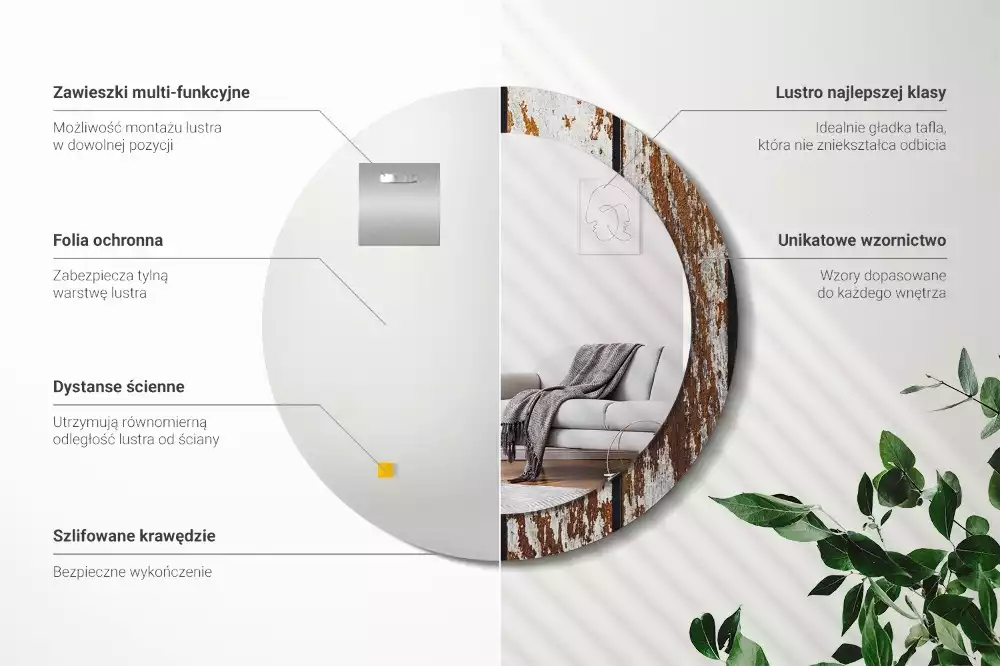 Lustro ramka z nadrukiem okrągłe Ciemne drewno vintage