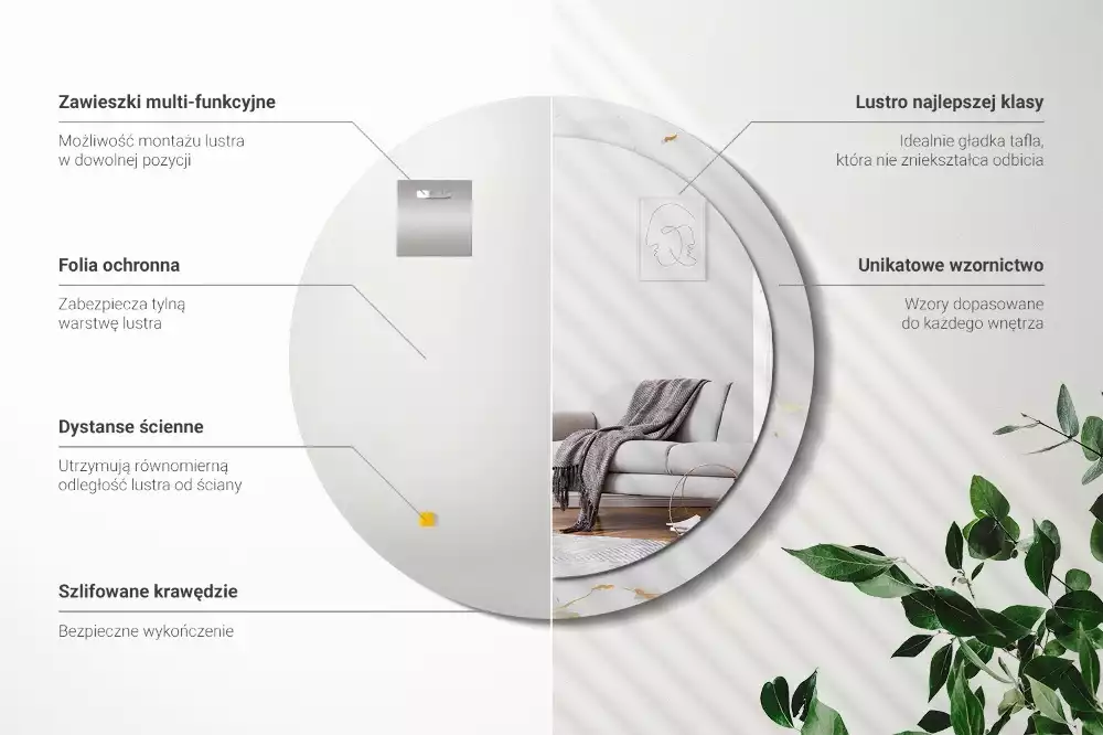 Lustro z drukowaną ramką w białym marmurkowym wzorze