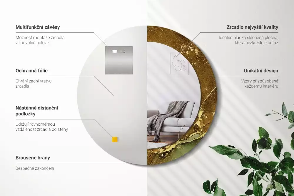 Lustro w ramie z metalicznym nadrukiem przedstawiającym okrągłe wiry