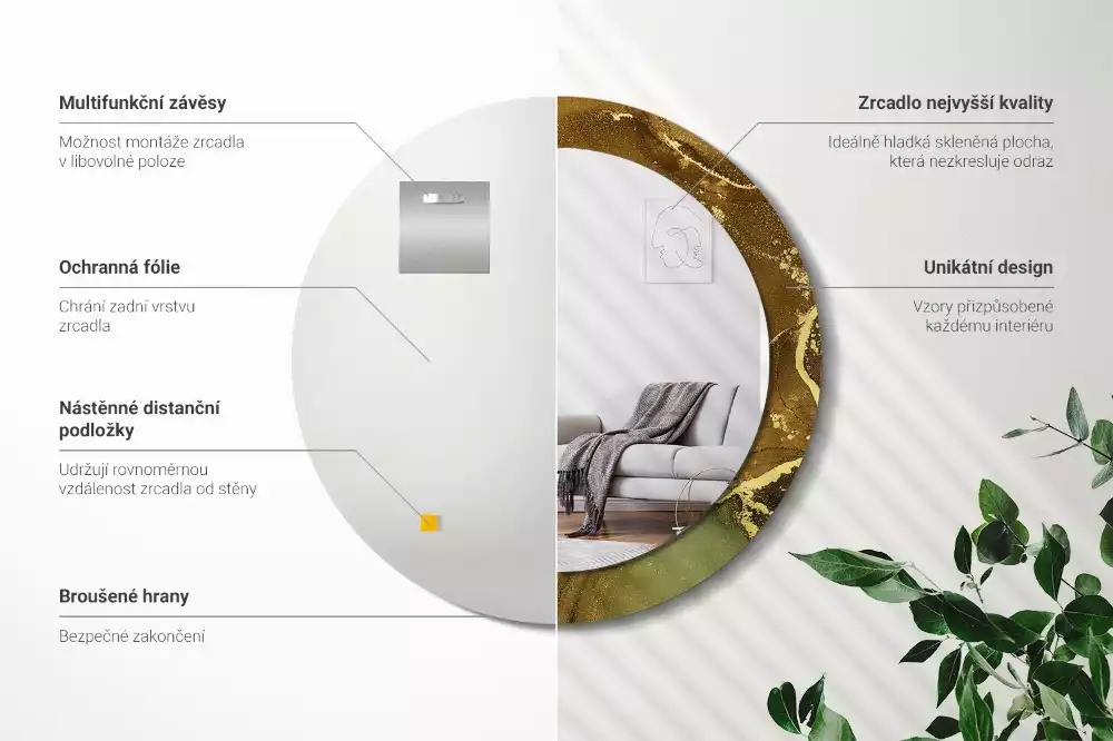 Lustro w ramie z metalicznym nadrukiem przedstawiającym okrągłe wiry