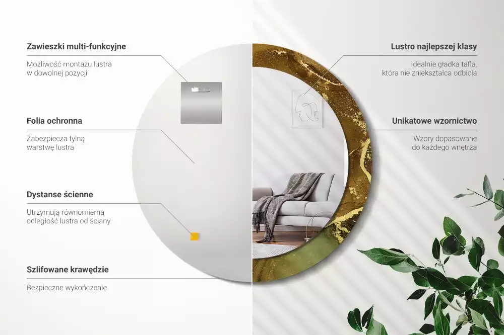 Lustro w ramie z metalicznym nadrukiem przedstawiającym okrągłe wiry