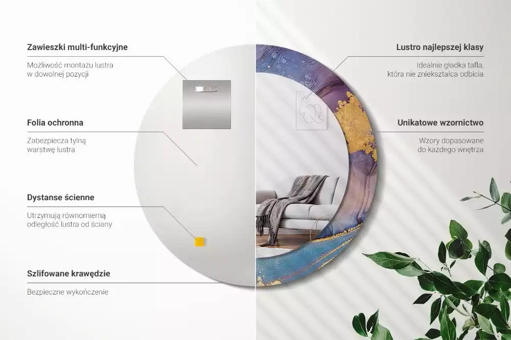 Lustro w okrągłej ramie z nadrukiem marmurowego kamienia