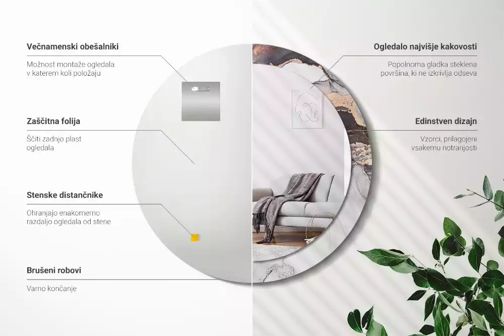 Lustro w ramie z nadrukiem o okrągłym kształcie z abstrakcyjnym motywem marmuru