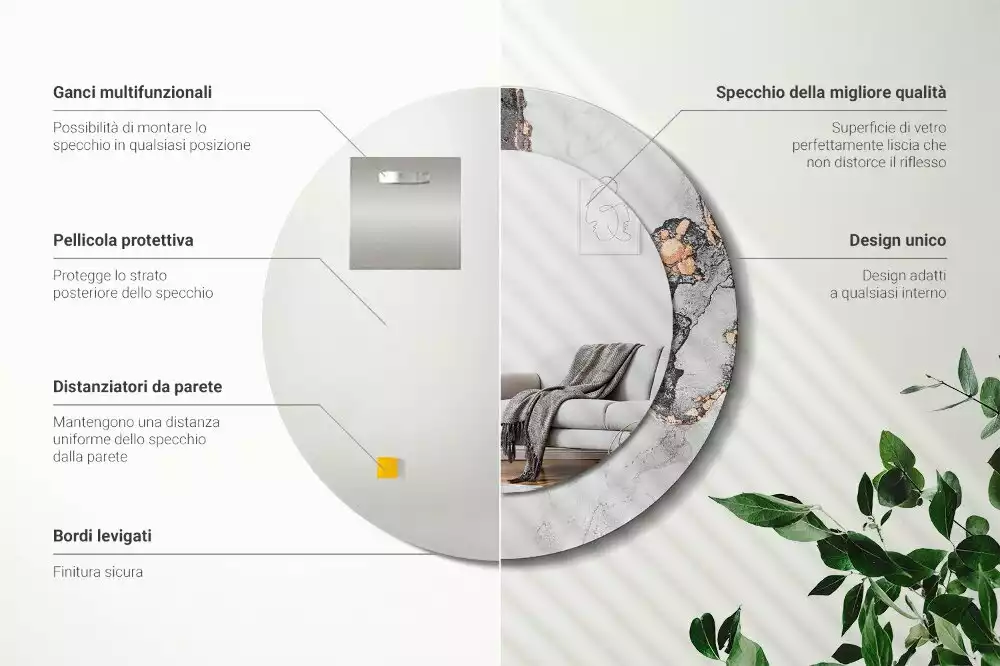 Lustro w ramie z nadrukiem o okrągłym kształcie z abstrakcyjnym motywem marmuru