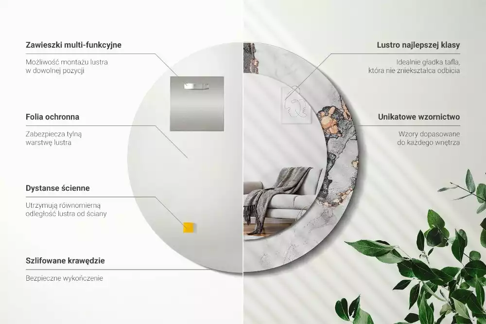 Lustro w ramie z nadrukiem o okrągłym kształcie z abstrakcyjnym motywem marmuru