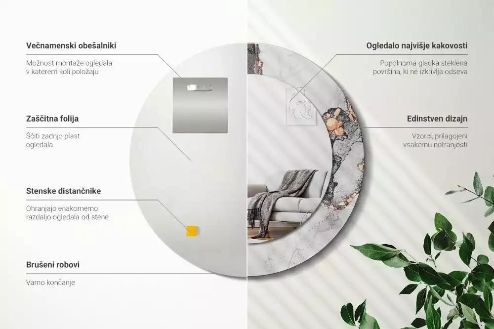 Lustro w ramie z nadrukiem o okrągłym kształcie z abstrakcyjnym motywem marmuru