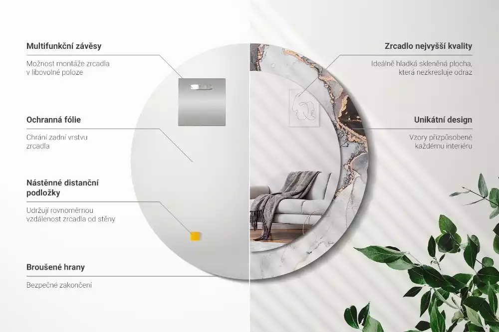 Lustro w ramie z nadrukiem o okrągłym kształcie z abstrakcyjnym motywem marmuru