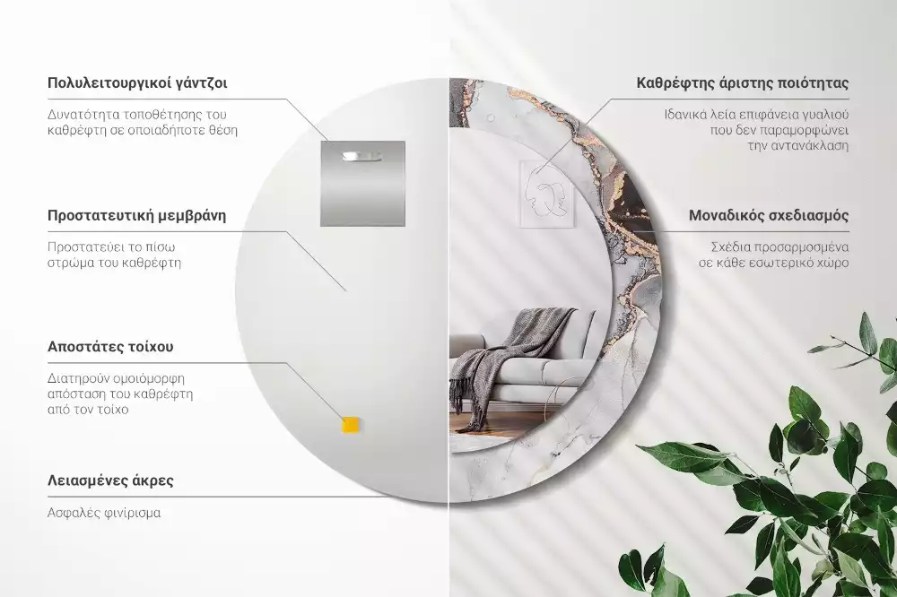 Lustro w ramie z nadrukiem o okrągłym kształcie z abstrakcyjnym motywem marmuru