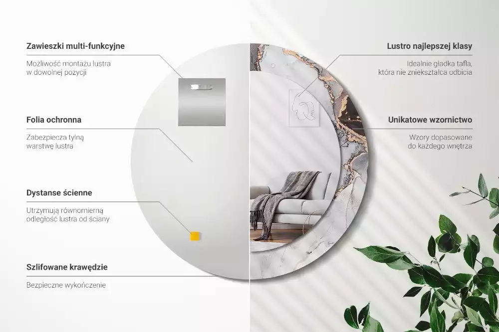 Lustro w ramie z nadrukiem o okrągłym kształcie z abstrakcyjnym motywem marmuru