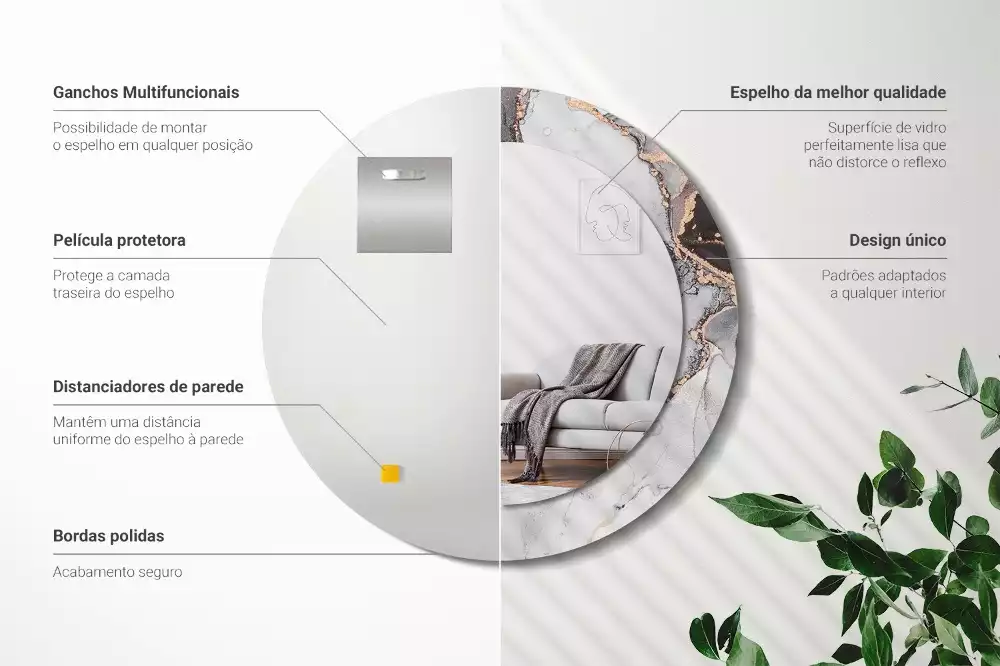 Lustro w ramie z nadrukiem o okrągłym kształcie z abstrakcyjnym motywem marmuru