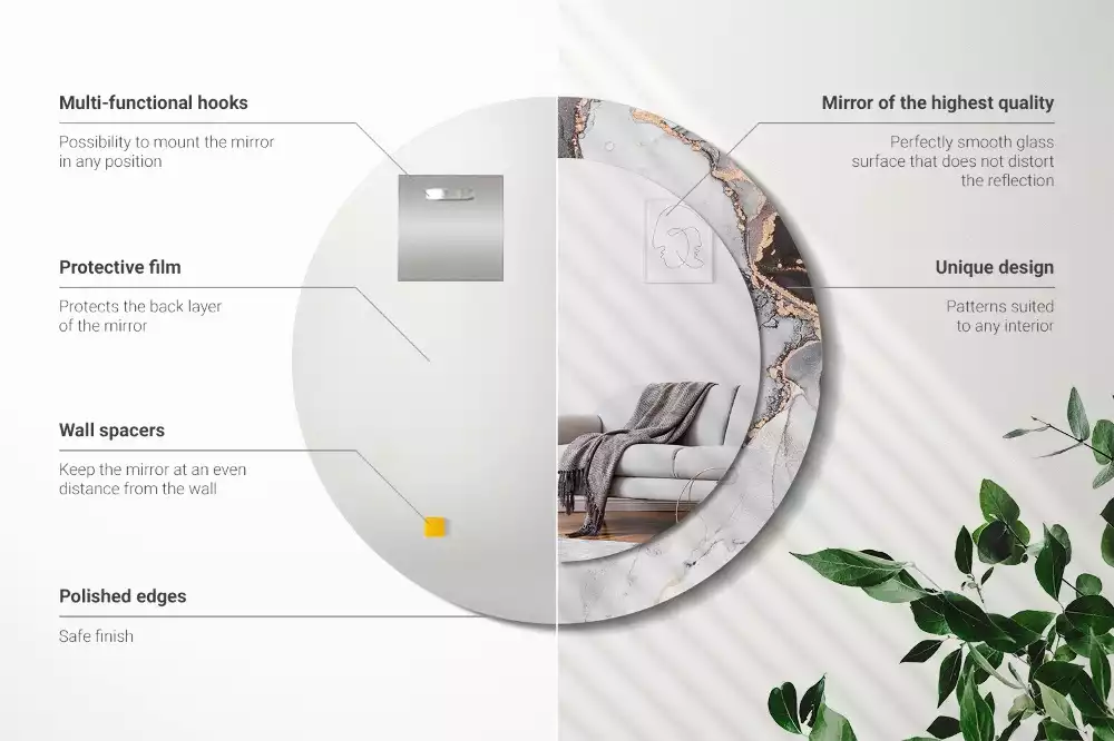 Lustro w ramie z nadrukiem o okrągłym kształcie z abstrakcyjnym motywem marmuru