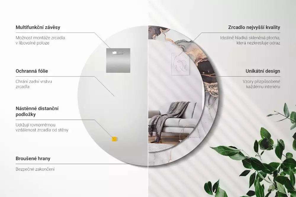 Lustro w ramie z nadrukiem o okrągłym kształcie z abstrakcyjnym motywem marmuru