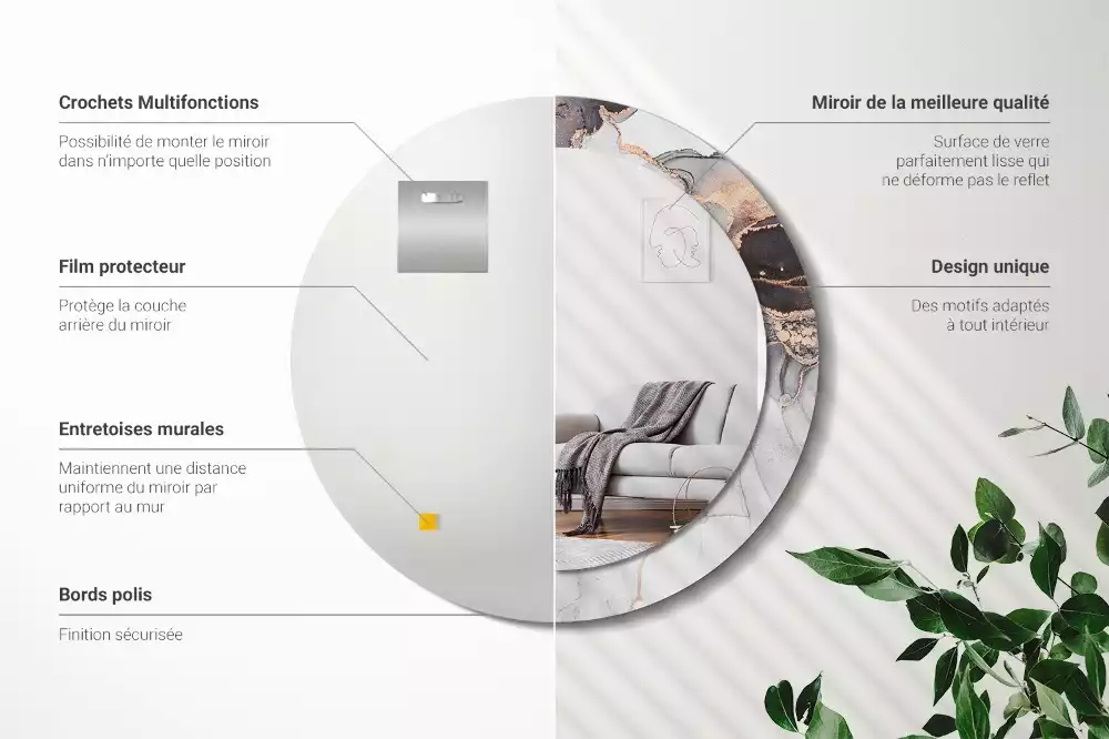 Lustro w ramie z nadrukiem o okrągłym kształcie z abstrakcyjnym motywem marmuru