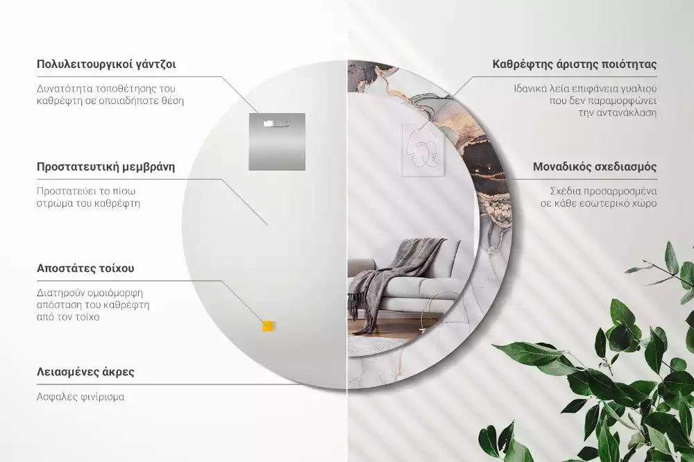 Lustro w ramie z nadrukiem o okrągłym kształcie z abstrakcyjnym motywem marmuru