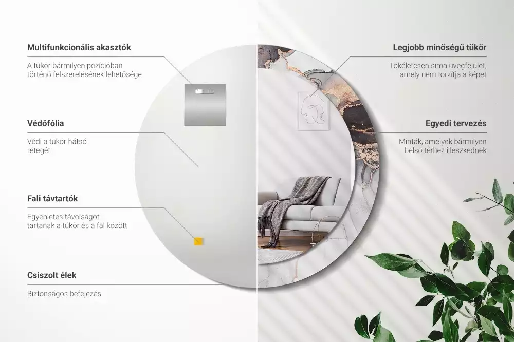 Lustro w ramie z nadrukiem o okrągłym kształcie z abstrakcyjnym motywem marmuru