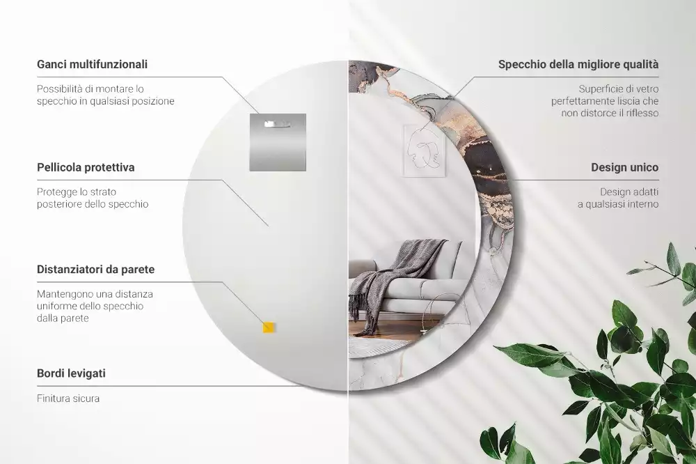 Lustro w ramie z nadrukiem o okrągłym kształcie z abstrakcyjnym motywem marmuru