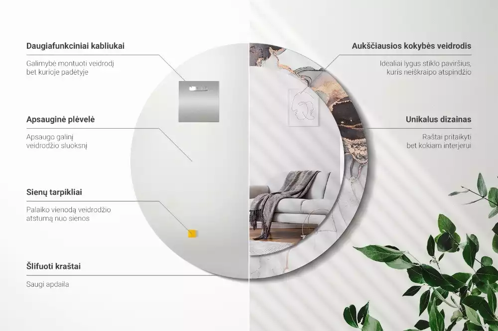 Lustro w ramie z nadrukiem o okrągłym kształcie z abstrakcyjnym motywem marmuru