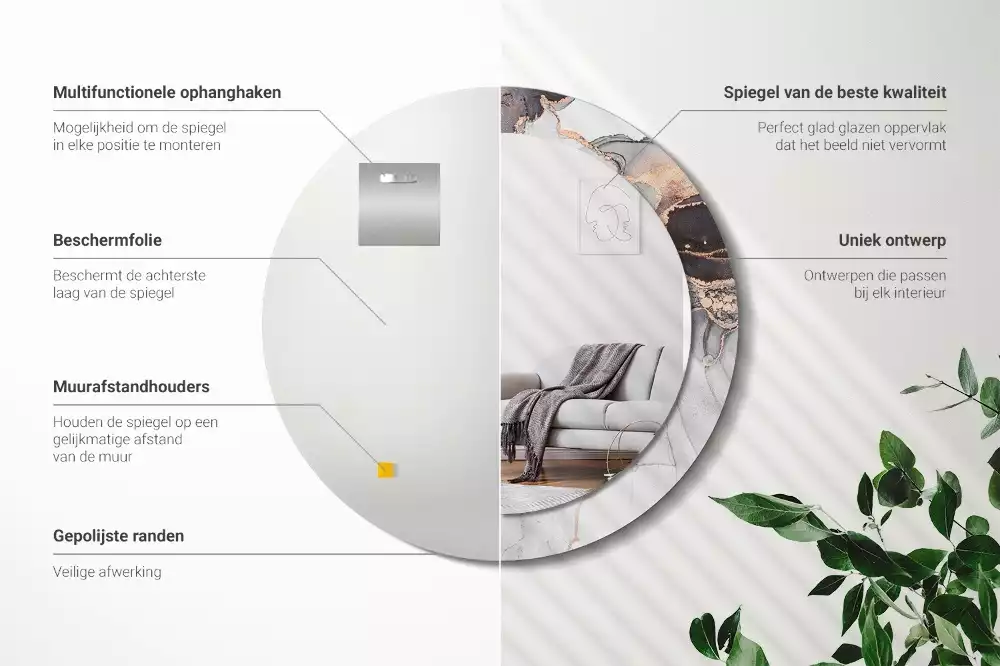 Lustro w ramie z nadrukiem o okrągłym kształcie z abstrakcyjnym motywem marmuru