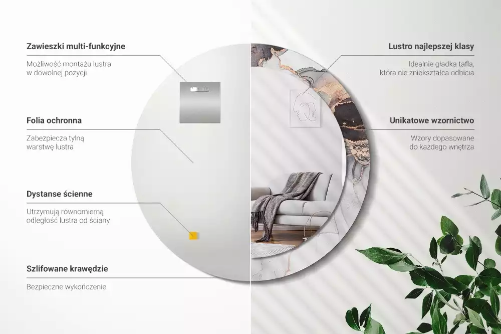 Lustro w ramie z nadrukiem o okrągłym kształcie z abstrakcyjnym motywem marmuru