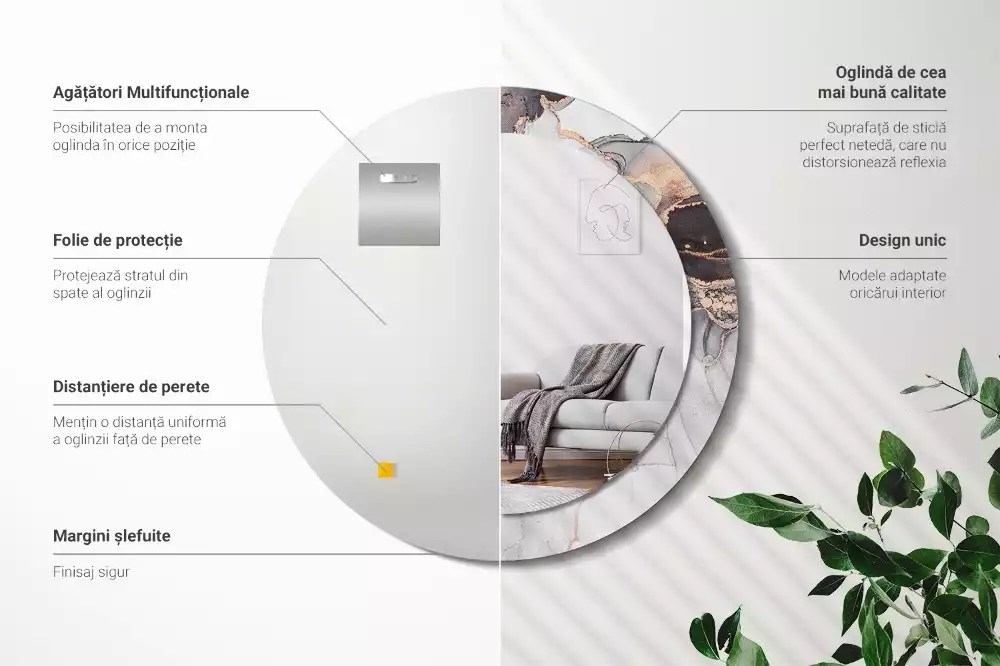 Lustro w ramie z nadrukiem o okrągłym kształcie z abstrakcyjnym motywem marmuru