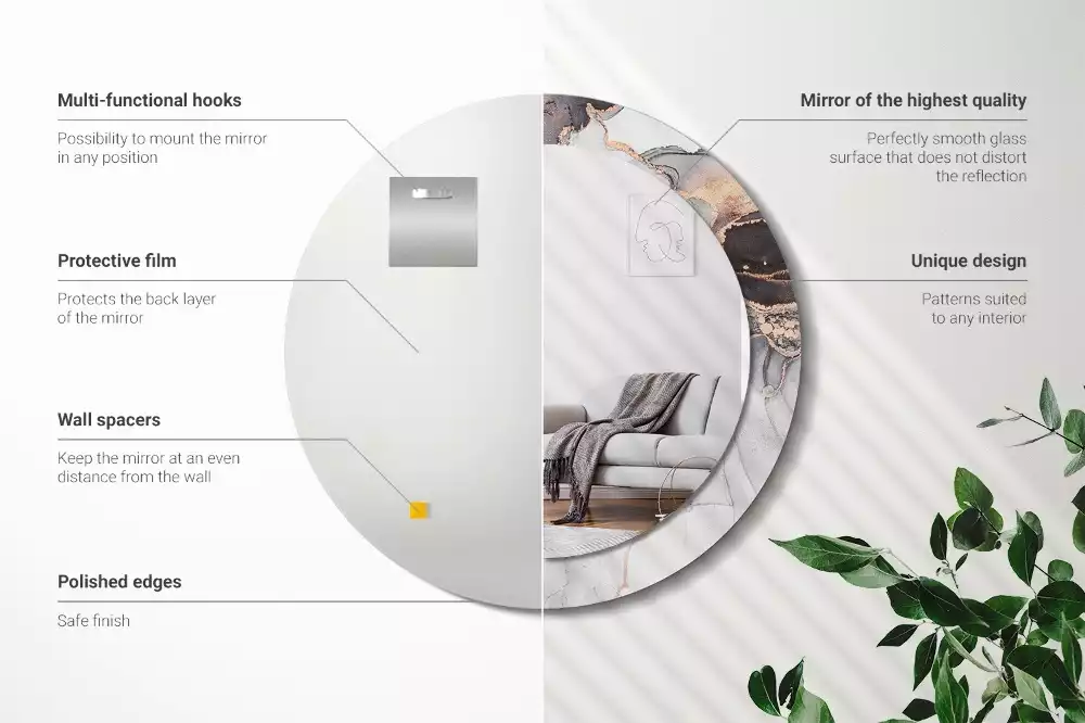 Lustro w ramie z nadrukiem o okrągłym kształcie z abstrakcyjnym motywem marmuru