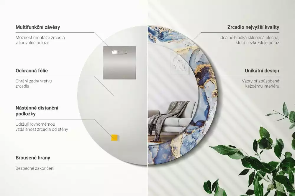 Lustro z okrągłą ramką z nadrukiem o motywie abstrakcyjnej sztuki