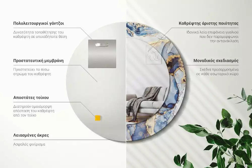 Lustro z okrągłą ramką z nadrukiem o motywie abstrakcyjnej sztuki