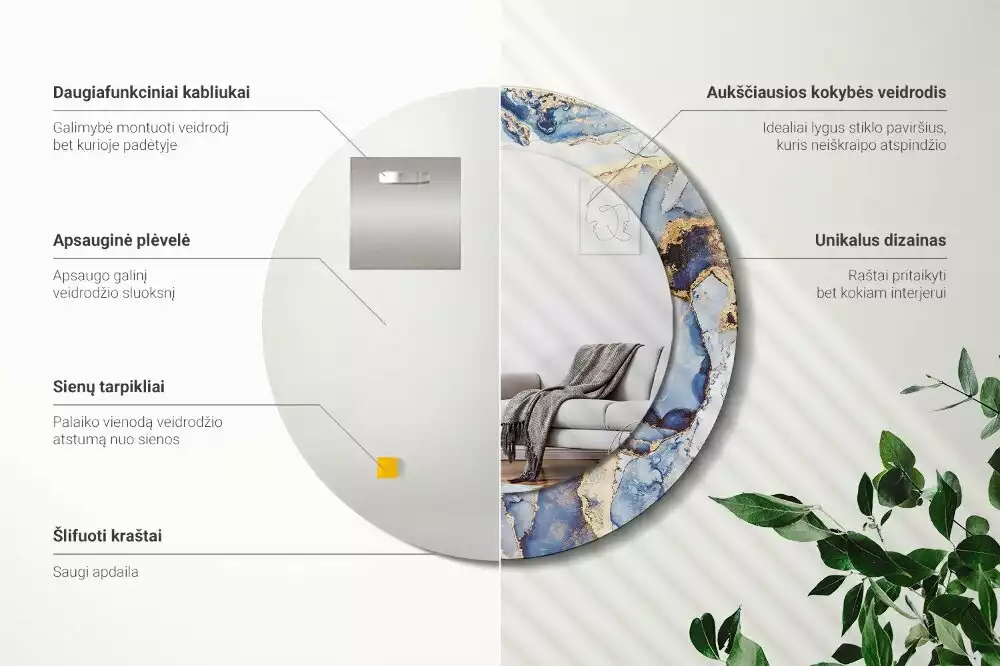 Lustro z okrągłą ramką z nadrukiem o motywie abstrakcyjnej sztuki