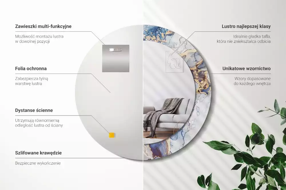 Lustro z okrągłą ramką z nadrukiem o motywie abstrakcyjnej sztuki