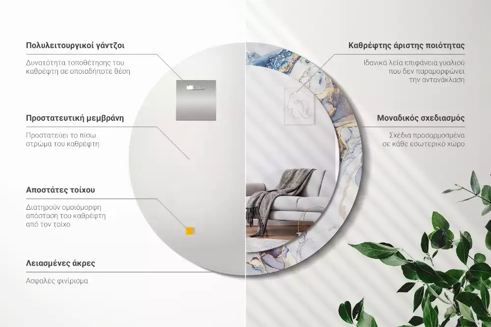 Lustro z okrągłą ramką z nadrukiem o motywie abstrakcyjnej sztuki