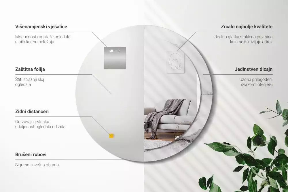 Lustro z okrągłą ramką z nadrukiem w kolorze białego marmuru