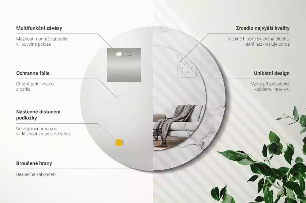 Lustro z okrągłą ramką z nadrukiem w kolorze białego marmuru