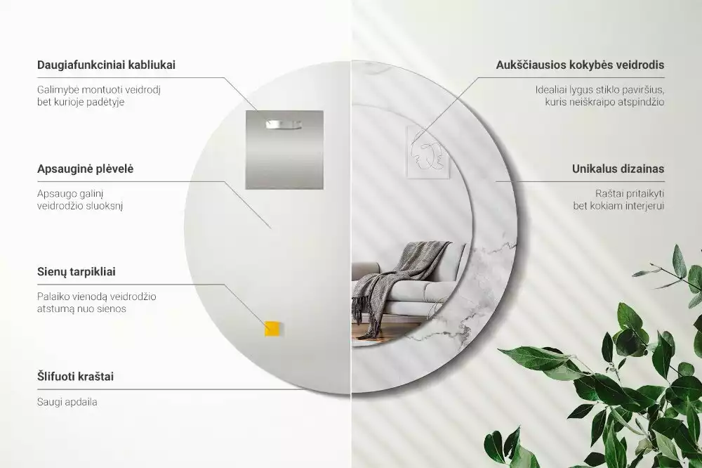 Lustro z okrągłą ramką z nadrukiem w kolorze białego marmuru